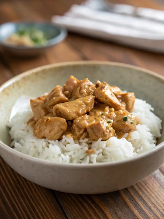 Thai peanut chicken beautifully plated with rice and fresh garnishes
