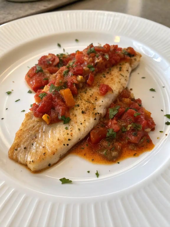 tilapia pepper sauce recipe plated with rice and a lemon wedge for serving