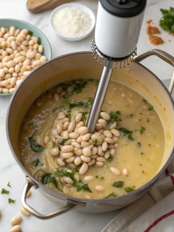 A finished bowl of creamy white bean soup ready to eat