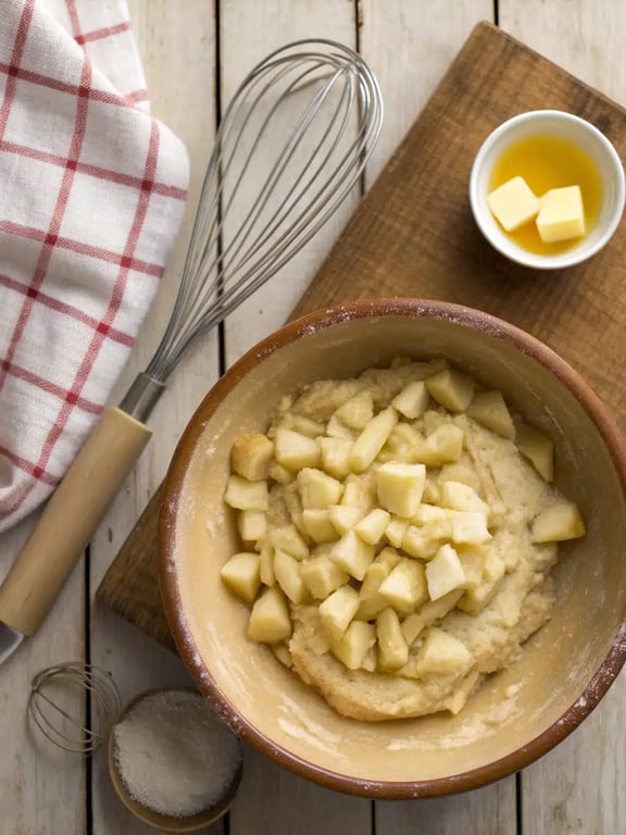Scooping air fryer apple fritters batter into the preheated air fryer basket