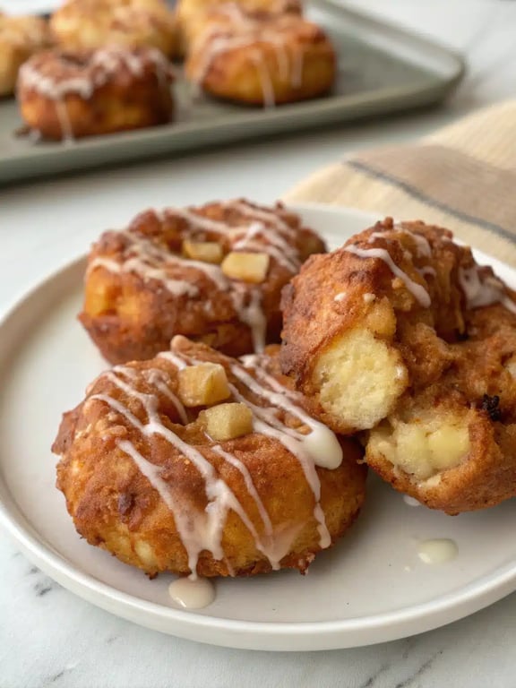 A beautifully arranged plate of air fryer apple fritters served with coffee and fresh fruit
