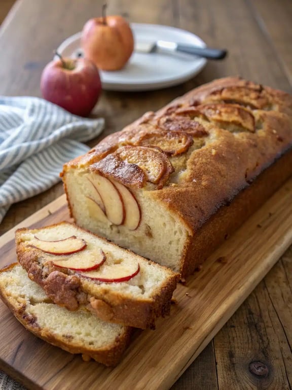 A beautifully plated slice of cinnamon apple bread with a pat of butter melting on top