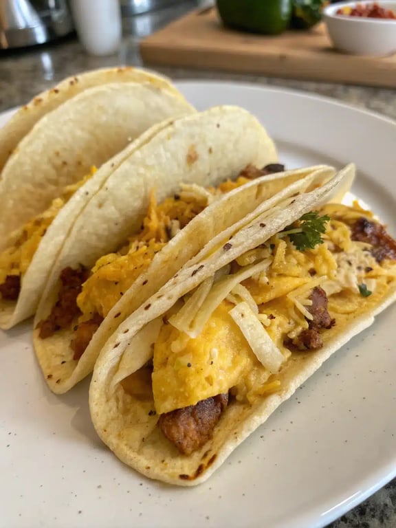 A platter of baked breakfast tacos served with fresh salsa and avocado slices