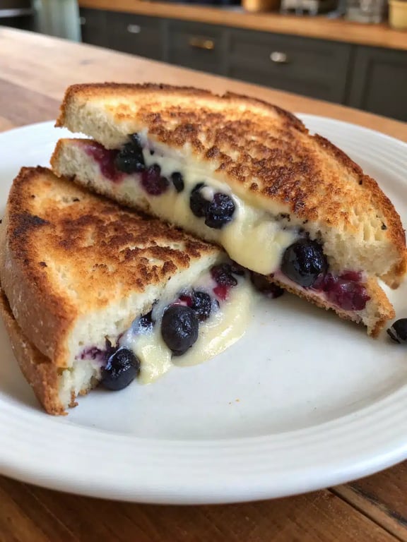 A beautifully plated blueberry grilled cheese sandwich, sliced and served alongside a fresh green salad.