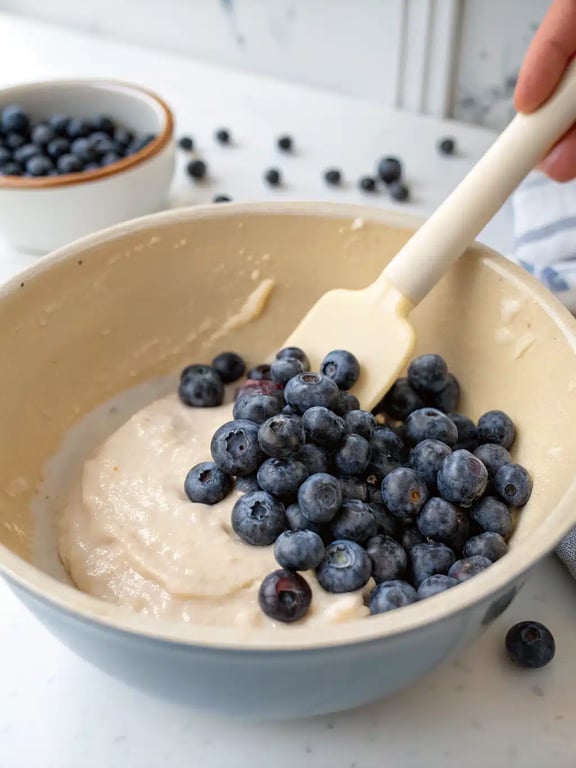 Step 4 for blueberry protein muffins, folding wet and dry ingredients together