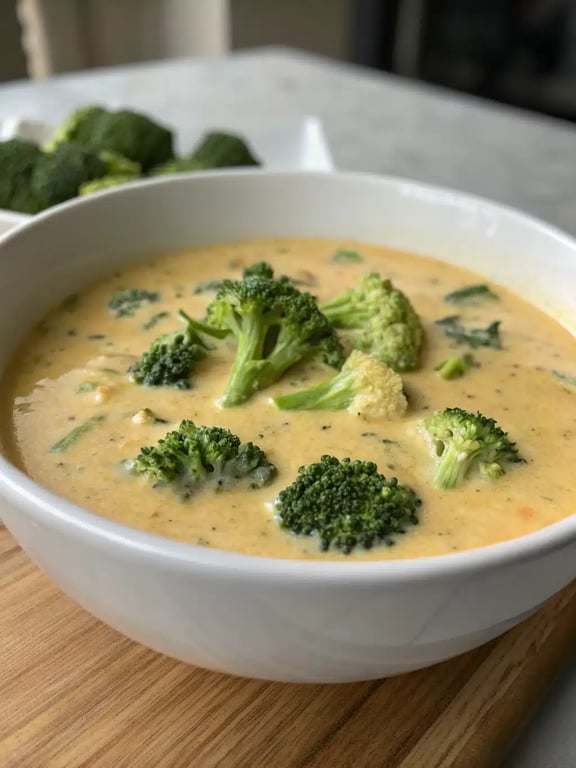 broccoli cheddar soup served in a bowl with a bread side
