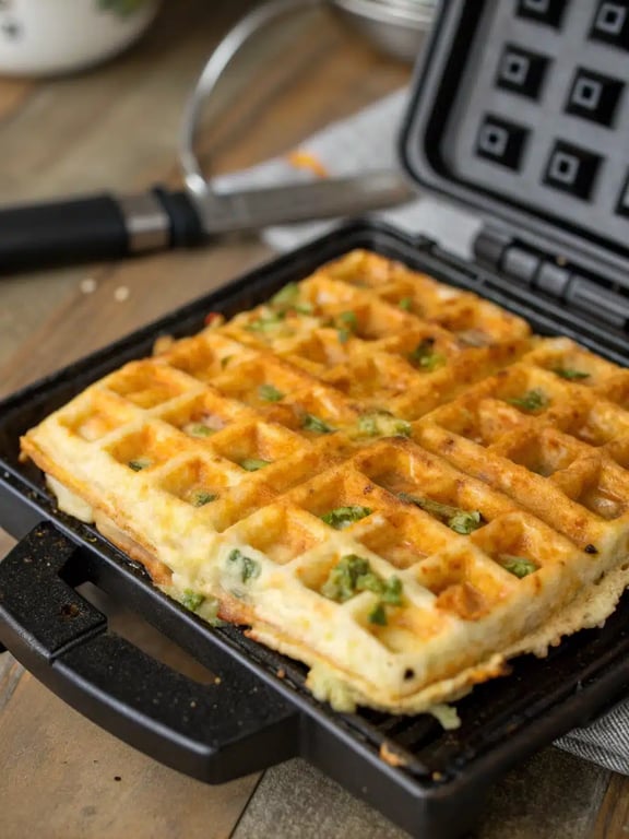 Final step for cheddar jalapeño waffles — plated and ready