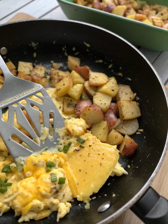 Final step for cheesy potato scramble — plated and ready