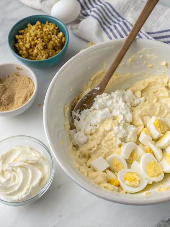 Step 4 for cottage cheese egg salad — texture check