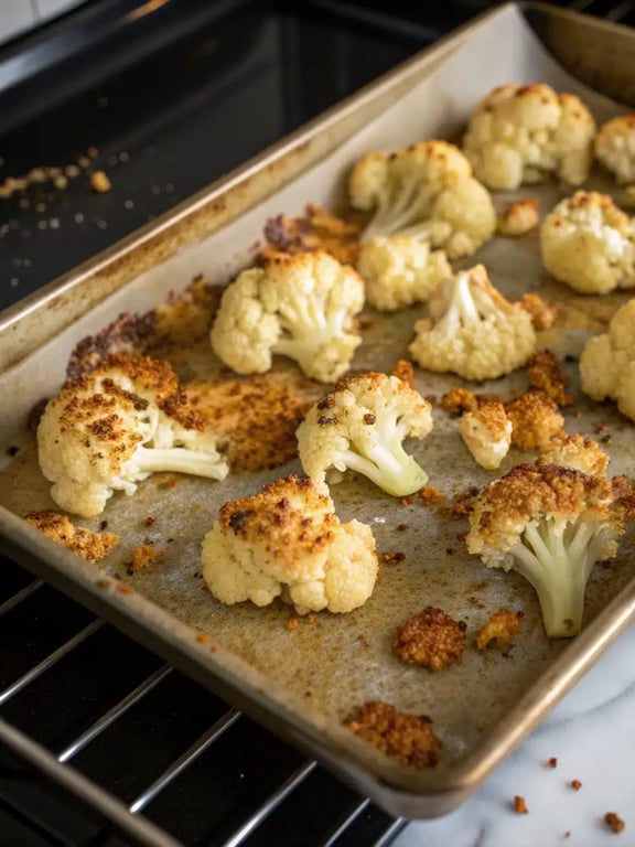 Final step for crispy baked cauliflower — plated and ready