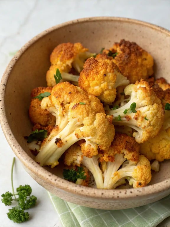 crispy baked cauliflower plated with dipping sauce and fresh herbs