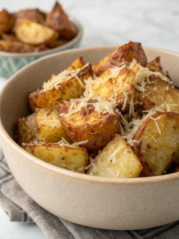 crispy parmesan potatoes served on a platter with roasted chicken and green beans