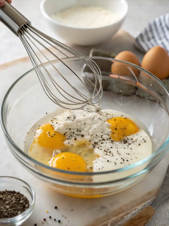 Step 2 for egg muffins recipe — whisking eggs and milk in a bowl