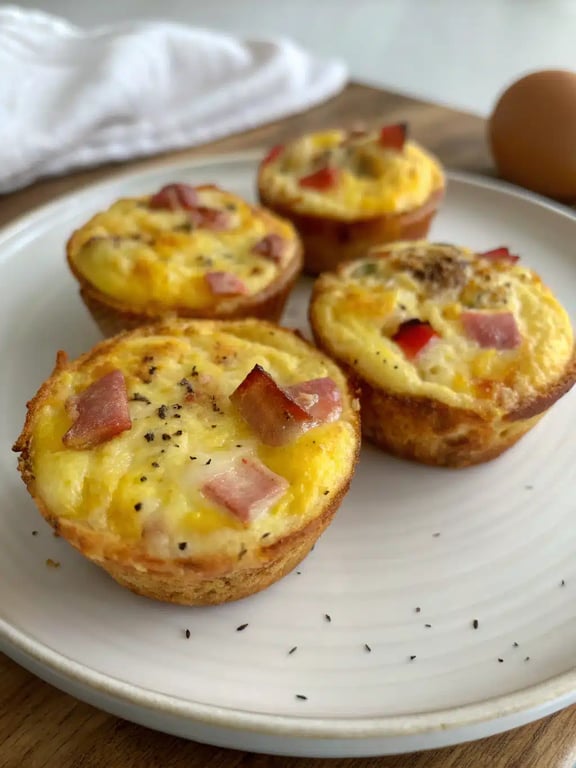 A beautifully arranged plate of egg muffins recipe with fresh fruit and avocado slices