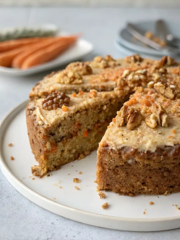flourless oatmeal carrot cake served on a plate with coffee