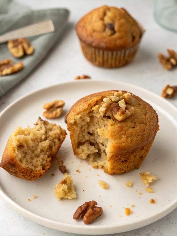 Greek yogurt banana muffins served on a plate with coffee and fruit