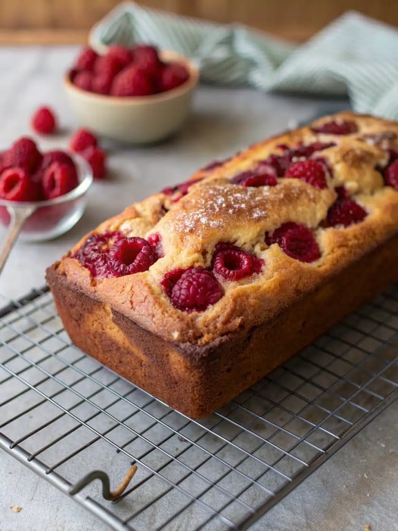 A beautifully plated slice of raspberry brioche loaf with butter and coffee