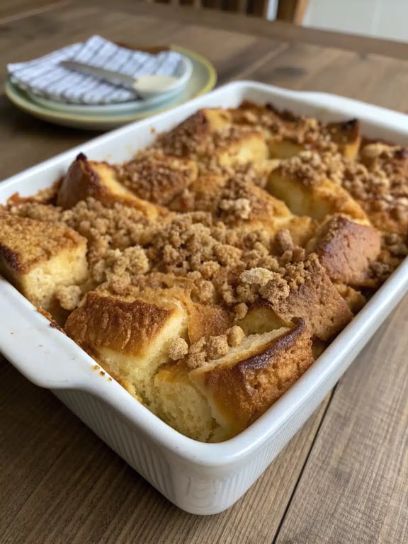 A slice of baked french toast casserole on a plate with syrup and berries