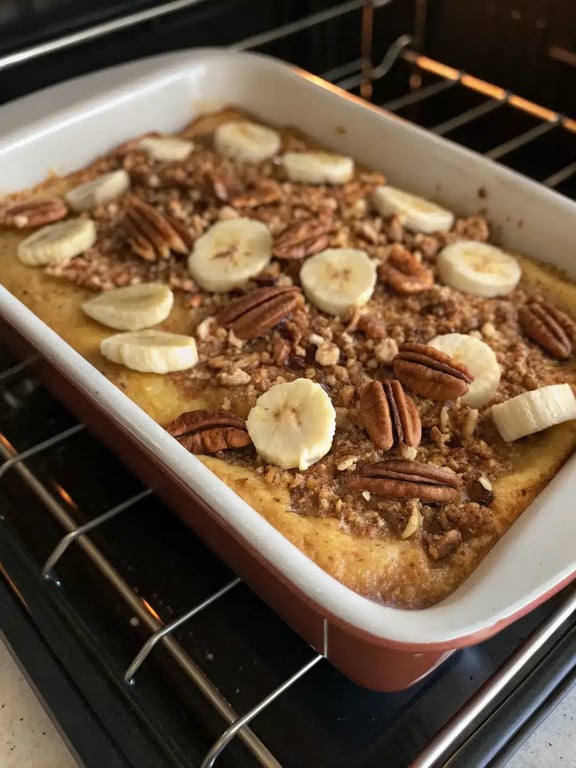 banana french toast casserole — final step Final step for banana french toast casserole — plated and ready