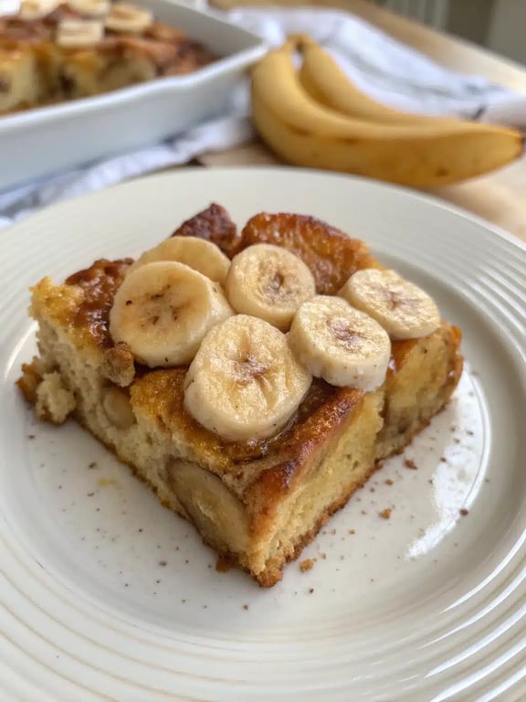 banana french toast casserole serving suggestion Beautifully plated banana french toast casserole with fresh berries and syrup