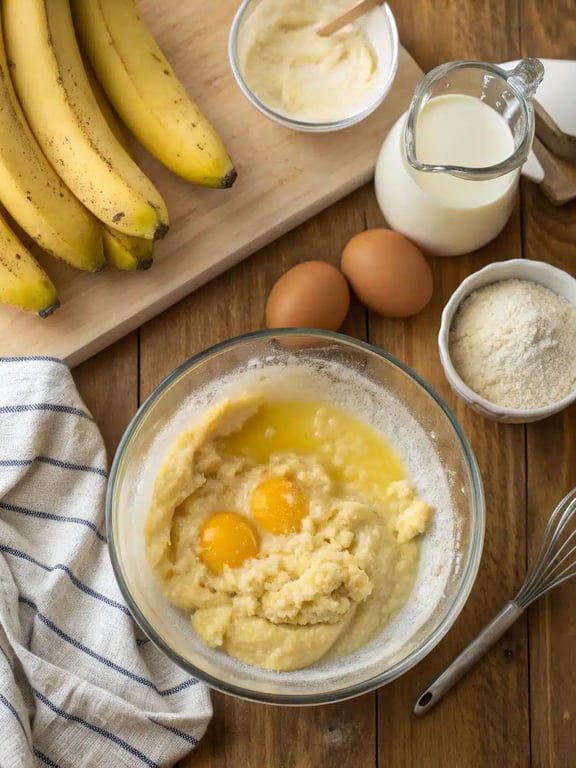 Combining wet and dry ingredients for banana oatmeal bars batter.