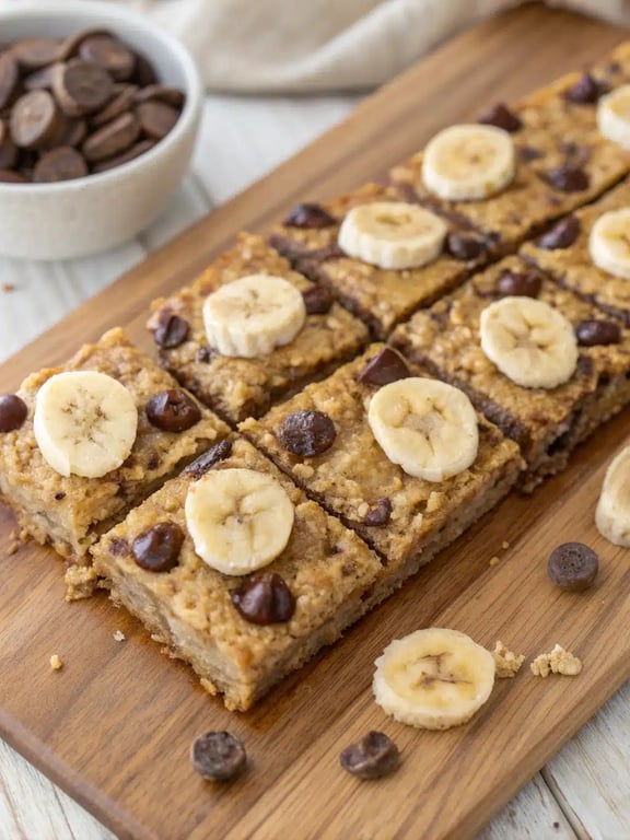 Banana oatmeal bars arranged beautifully on a wooden board with coffee and fresh fruit