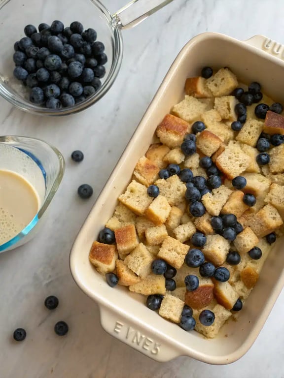 Whisking the custard mixture for blueberry french toast casserole in a large bowl