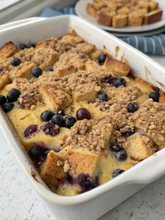 A beautifully plated slice of blueberry french toast casserole with a dusting of powdered sugar and fresh blueberries on the side