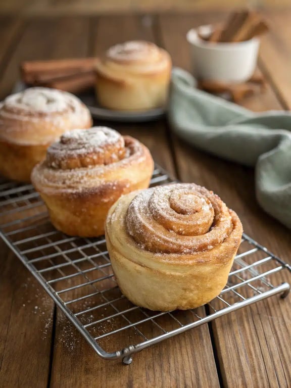 cinnamon sugar cruffins served on a wooden board with coffee and berries