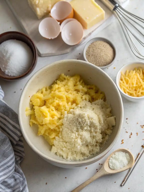 Filling muffin tin for hash brown muffins Mixing bowl with hash brown muffin batter and spoon filling a greased muffin tin