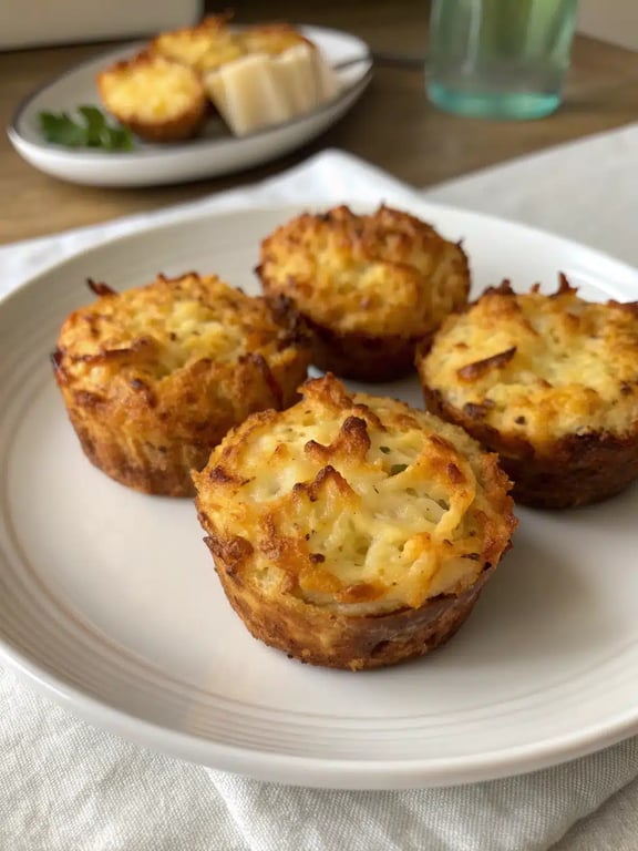 Serving hash brown muffins for brunch A brunch platter featuring crispy hash brown muffins alongside eggs, fresh fruit, and coffee