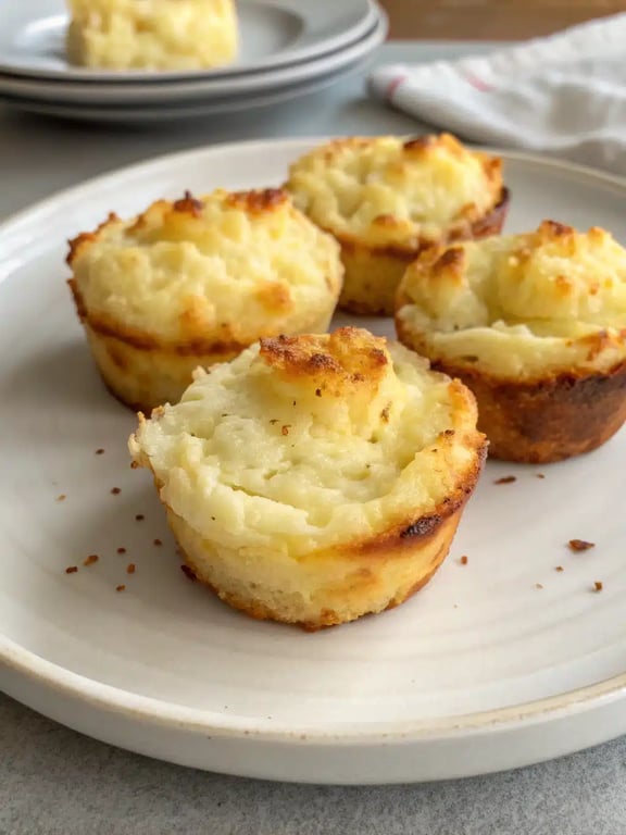 mashed potato puffs served on a wooden board with dipping sauce