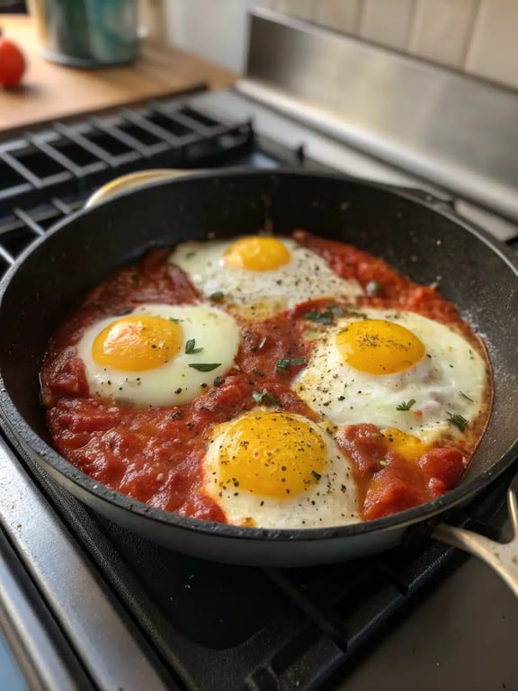 Final step for Mediterranean baked eggs — plated and ready