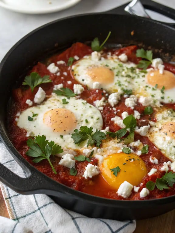 Mediterranean baked eggs served in a skillet with crusty bread on the side