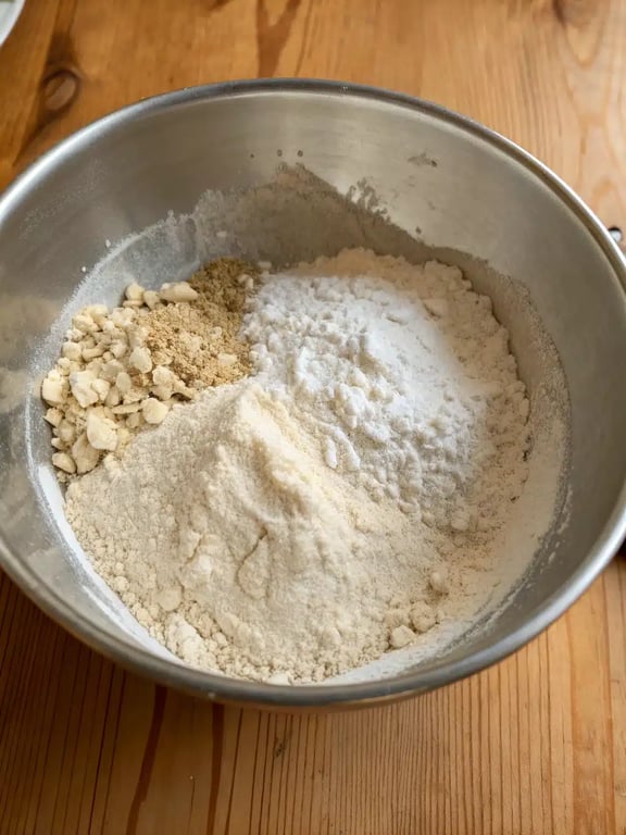 Step 2 for protein pancake muffins, whisking dry ingredients in a bowl