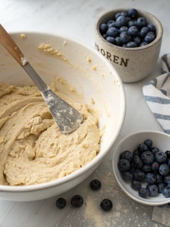 Step 4 for protein pancake muffins, folding wet and dry ingredients together