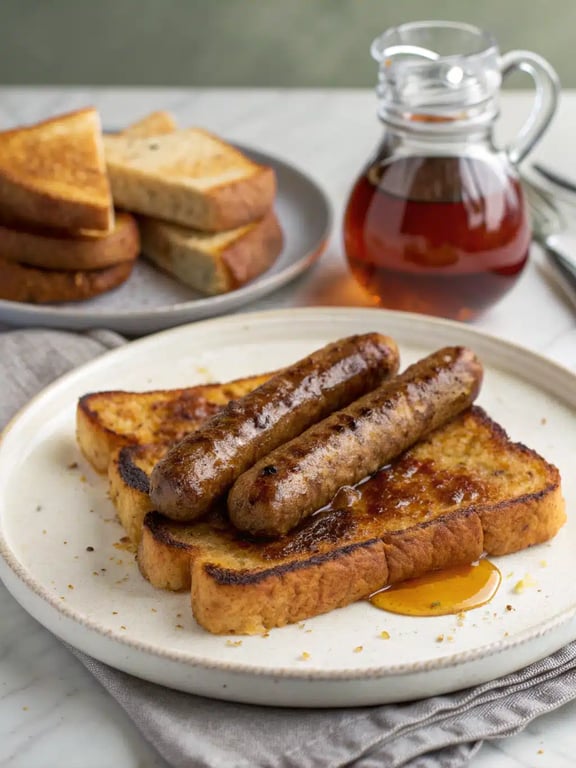 sausage french toast beautifully plated with fresh berries and maple syrup