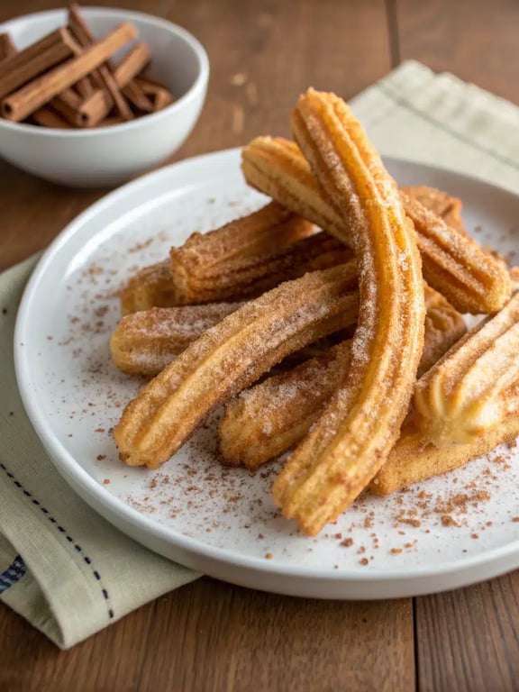A beautifully arranged plate of golden air fryer churros with a side of chocolate dipping sauce.