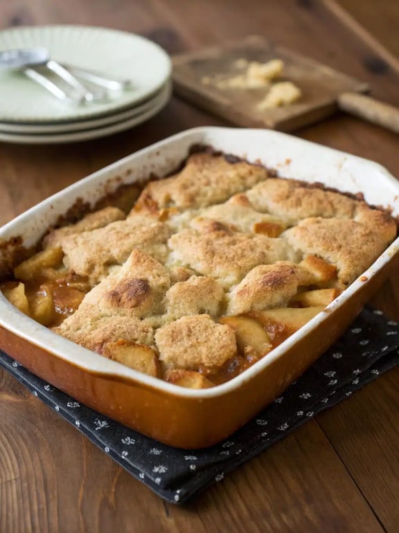 A bowl of warm apple cobbler recipe topped with melting vanilla ice cream and a drizzle of caramel