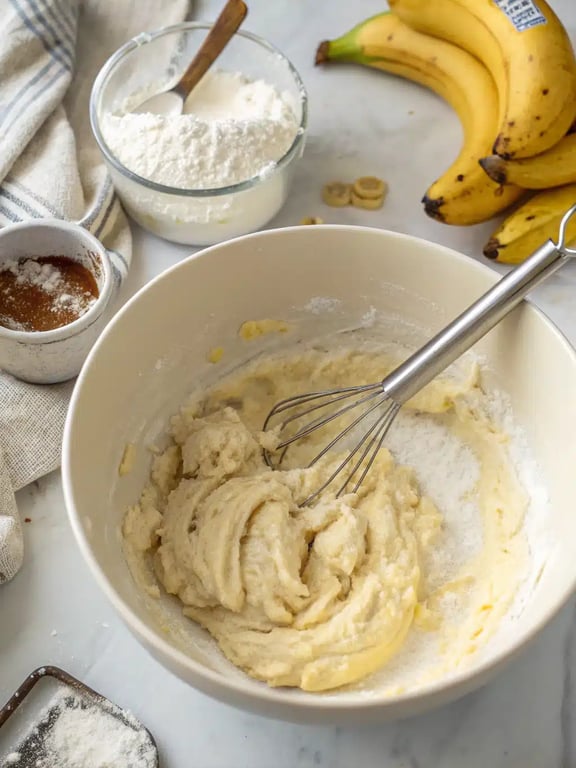 Step 4 for banana bread cobbler — spreading the thick banana batter evenly in the baking dish