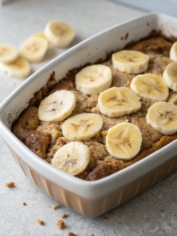 A beautifully served bowl of warm banana bread cobbler with melting vanilla ice cream on top