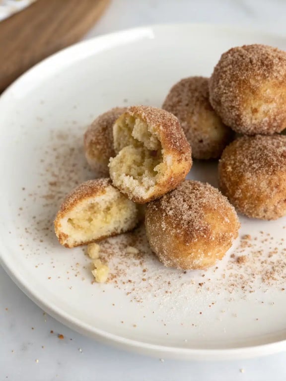 A beautiful serving platter of banana donut holes with coffee and fruit