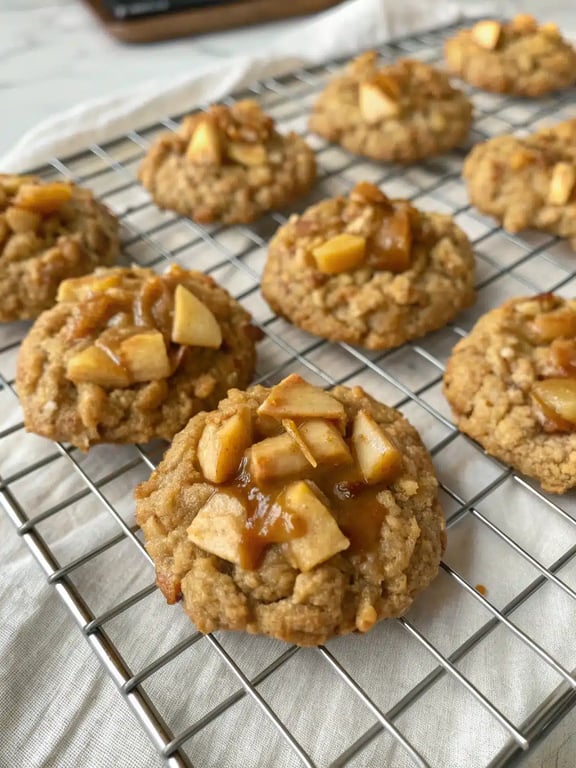 A beautiful platter of caramel apple cookies arranged with autumn leaves