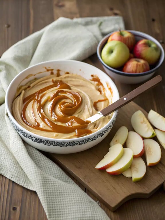 Final step for caramel apple dip — beautifully swirled dip in a bowl with apple slices.