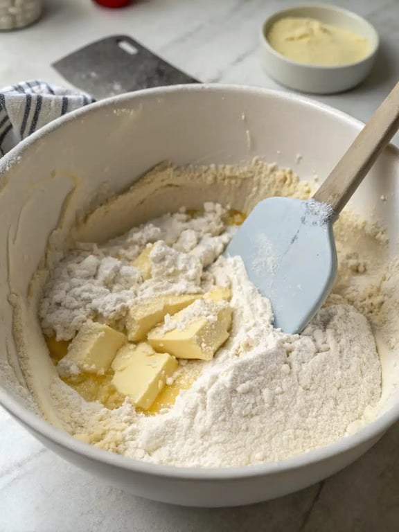 Combining the wet and dry ingredients for French butter cake batter