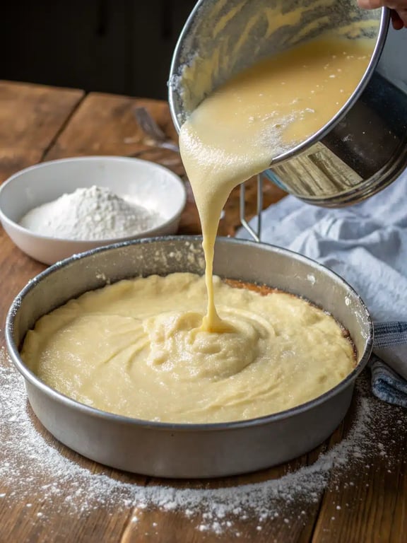 A fully baked and cooled French butter cake with a light dusting of powdered sugar