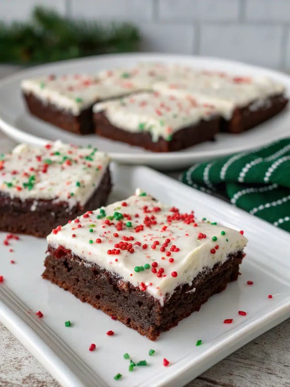 frosted Christmas brownies arranged on a festive holiday platter for serving