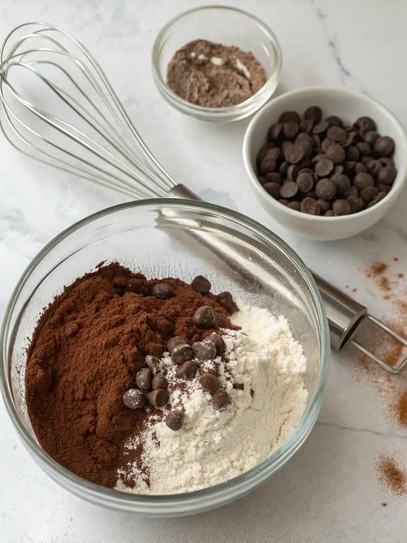 Whisking the dry ingredients for the fudgy chewy brookies batter in a bowl