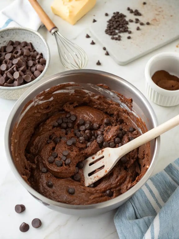 Folding chocolate chips into the thick fudgy brookies batter