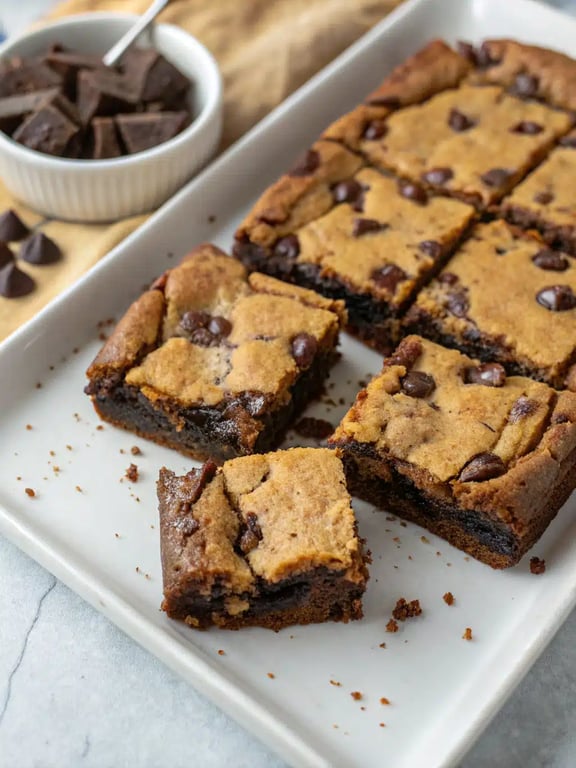 A beautifully arranged plate of fudgy chewy brookies with a scoop of vanilla ice cream and a drizzle of chocolate sauce
